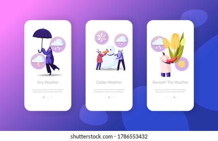 Spring or Winter Weather Mobile App Page Onboard Screen Template. Tiny Character Holding Huge Tulip Flowers, People Make Snowman, Woman with Umbrella Walk at Rain Concept. Cartoon Vector Illustration