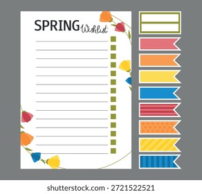 Lista de deseos de primavera con patrón de flores y pegatinas. Plantilla de Vector para agenda, planificador, lista de verificación, libro, nota, memorando, tarjeta y otro organizador personal. Diseño en A4, A5, A6.