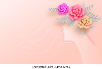 Spring Woman. Beauty Summer girl with colorful paper flowers wreath. Flowers Hair Style. Beautiful Lady with Blooming floral on her head. Vector illustration.