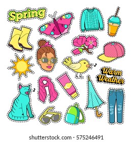 Spring Woman Fashion with Clothes and Accessories for Badges, Stickers, Patches. Vector Doodle