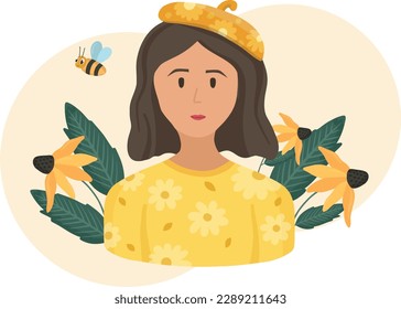 Spring woman on the light background, wearing a sweater with flowers and yellow hat