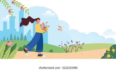 Spring. Woman walking with flowers over blooming trees and flowers background. Cartoon female character on walk. Hello spring concept. Cute vector illustration in flat style. Happy woman with flowers.