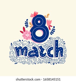 Spring Women's day holiday text isolated on white. Vector design element for greeting and advertising products.