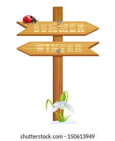 Spring wooden arrow with ladybird - vector