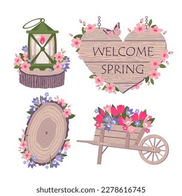 Spring wooden elements set with flowers and butterflies. Garden wheelbarrow with tulips and primrose. Vintage garden lamp with spring flowers. Illustrated vector element collection.