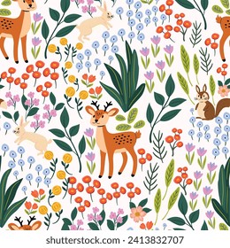 Spring woodland meadow floral seamless pattern background for fabrics, wallpaper, stationery printing. 