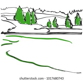 Spring in the woods sketch. Hand drawn landscape