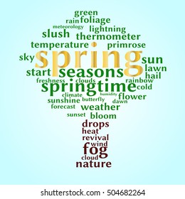 Spring word cloud in shape of tree on blue background. Seasons concept. Vector.