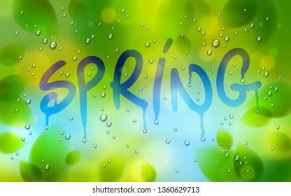 Spring word drawn on a window, fresh green leaves and water rain drops or condensate macro, vector 3d realistic transparent illustration, nature beautiful art.