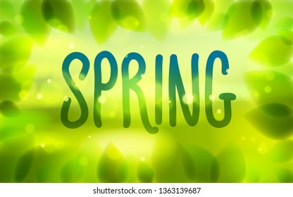 Spring word drawn on a window, fresh green leaves blurred background, vector realistic illustration, pure nature beautiful art.