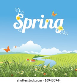 Spring word, farm and grass background. EPS 10 vector, grouped for easy editing. No open shapes or paths.