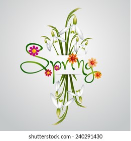Spring word, First spring flowers - Snowdrops vector card illustration, background