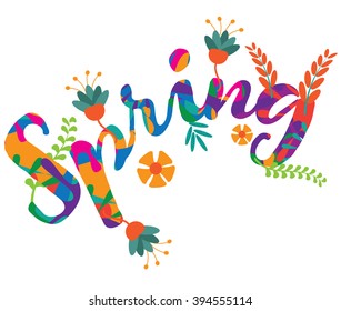 Spring Word In Flat Design With Leaves And Colorful Flowers. EPS 10 Vector.