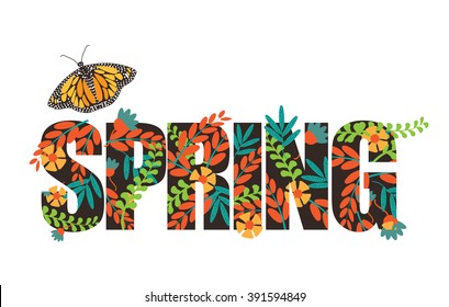 Spring word, flowers and butterfly 