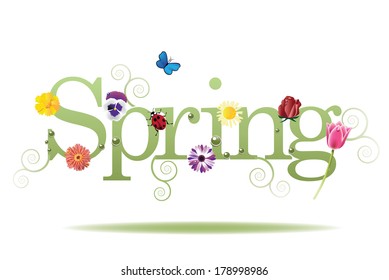 Spring word, flowers and butterfly isolated EPS 10 vector, grouped for easy editing. No open shapes or paths.