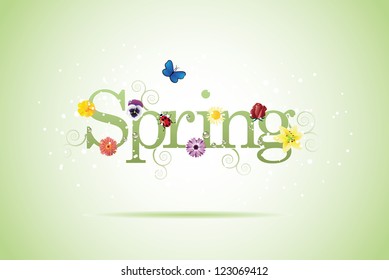 Spring Word, Flowers And Butterfly Vector