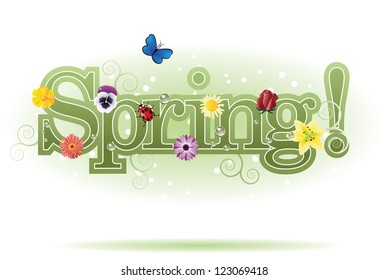 Spring word, flowers and butterfly vector