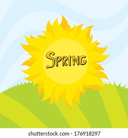 Spring word, flowers and butterfly vector. spring landscape illustration
