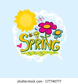 Spring word, flowers and butterfly vector. spring landscape illustration