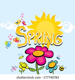 Spring word, flowers and butterfly vector. spring landscape illustration