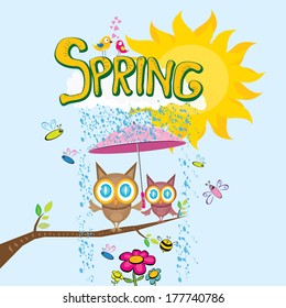 Spring word, flowers and butterfly vector. spring landscape illustration