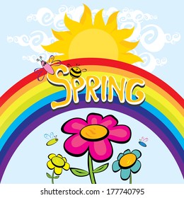 Spring word, flowers and butterfly vector. spring landscape illustration