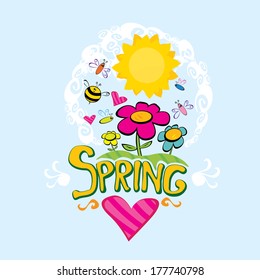 Spring word, flowers and butterfly vector. spring landscape illustration