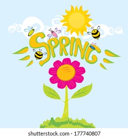 Spring word, flowers and butterfly vector. spring landscape illustration