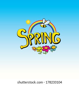 Spring word, flowers and butterfly vector. spring landscape illustration