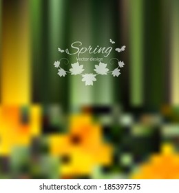 Spring word, flowers and butterfly vector.  Flowers blur background, web and mobile interface template. Eco design. 