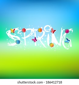 Spring word, flowers and butterfly vector