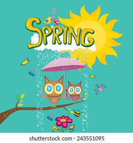Spring word, flowers and butterfly vector. spring landscape illustration