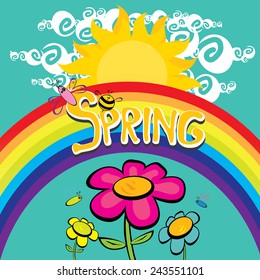 Spring word, flowers and butterfly vector. spring landscape illustration