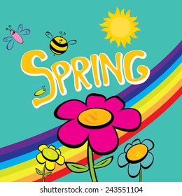 Spring word, flowers and butterfly vector. spring landscape illustration