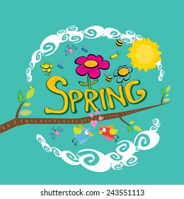 Spring word, flowers and butterfly vector. spring landscape illustration