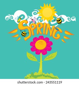 Spring word, flowers and butterfly vector. spring landscape illustration