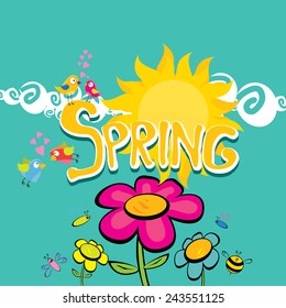 Spring word, flowers and butterfly vector. spring landscape illustration