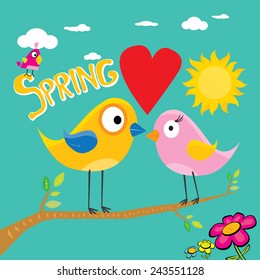 Spring word, flowers and butterfly vector. spring landscape illustration