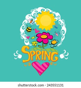 Spring word, flowers and butterfly vector. spring landscape illustration