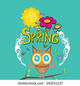 Spring word, flowers and butterfly vector. spring landscape illustration
