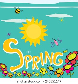 Spring word, flowers and butterfly vector. spring landscape illustration