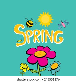 Spring word, flowers and butterfly vector. spring landscape illustration