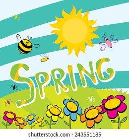 Spring word, flowers and butterfly vector. spring landscape illustration