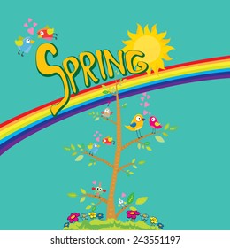 Spring word, flowers and butterfly vector. spring landscape illustration