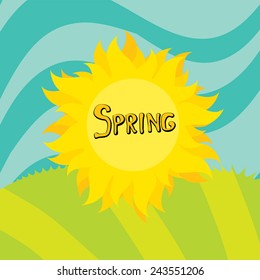 Spring word, flowers and butterfly vector. spring landscape illustration