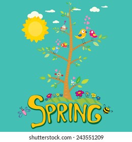 Spring word, flowers and butterfly vector. spring landscape illustration