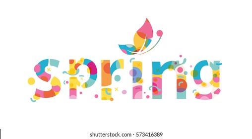Spring word, flowers and butterfly vector.