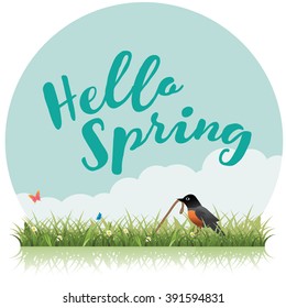 Spring Word, Flowers, Grass, Robin And Butterfly Vector. EPS 10.