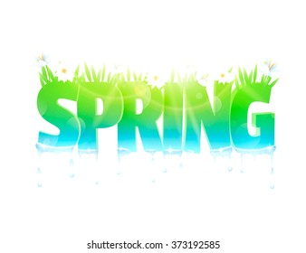 Spring word with flowers and grass. Vector Illustration