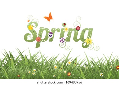 Spring Word And Grass. EPS 10 Vector, Grouped For Easy Editing. No Open Shapes Or Paths.